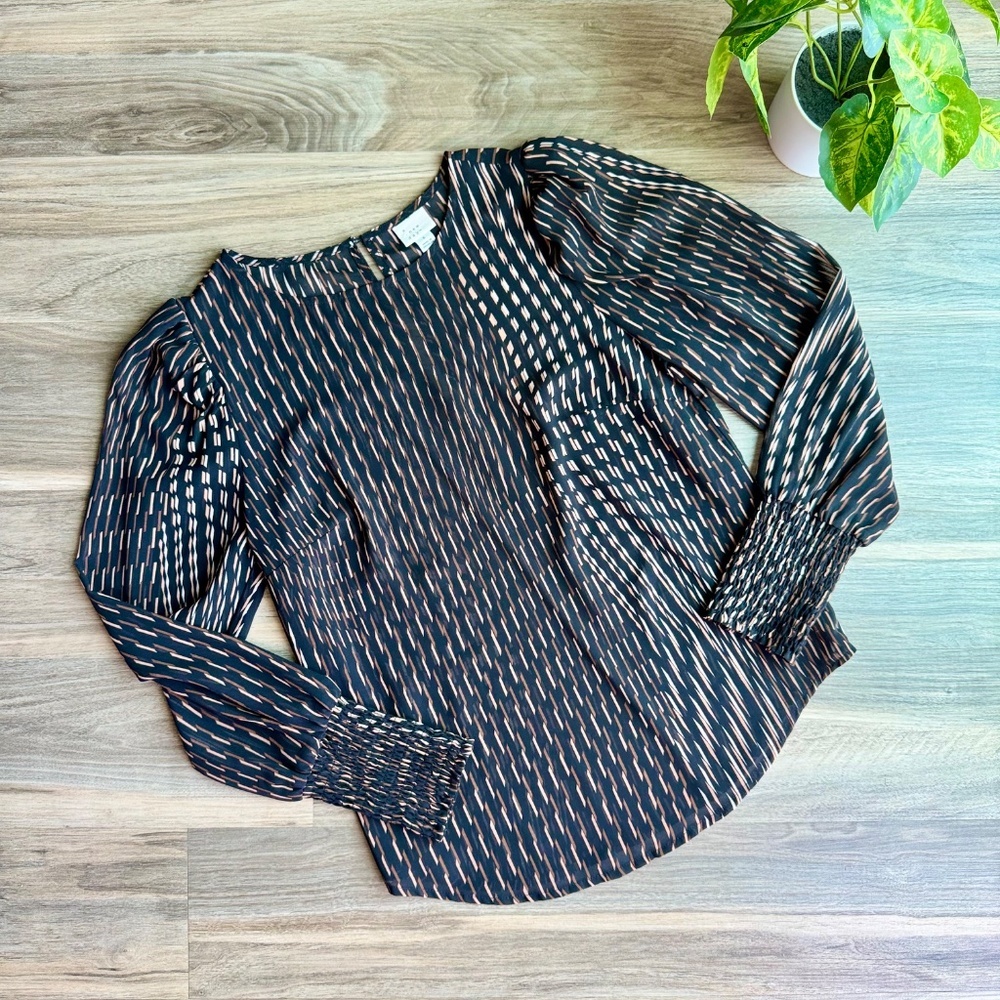 A New Day Black Tan Abstract‎ Print Long Sleeve Blouse Size S